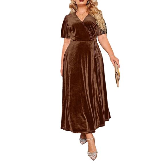 Plus Size Velvet Maxi Dress Formal Wedding Guest Long Dress V neck - Picture 1 of 4